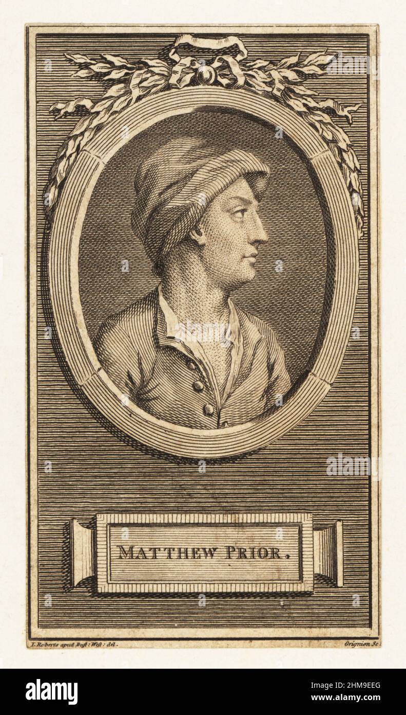 Portrait of Matthew Prior, 1664-1721, English poet and diplomat. Copperplate engraving by Charles Grignion after a drawing by John Roberts of a bust by Antoine Coysevox in Westminster Abbey. Published in John Bell's British Poets, London, 1779. Stock Photo