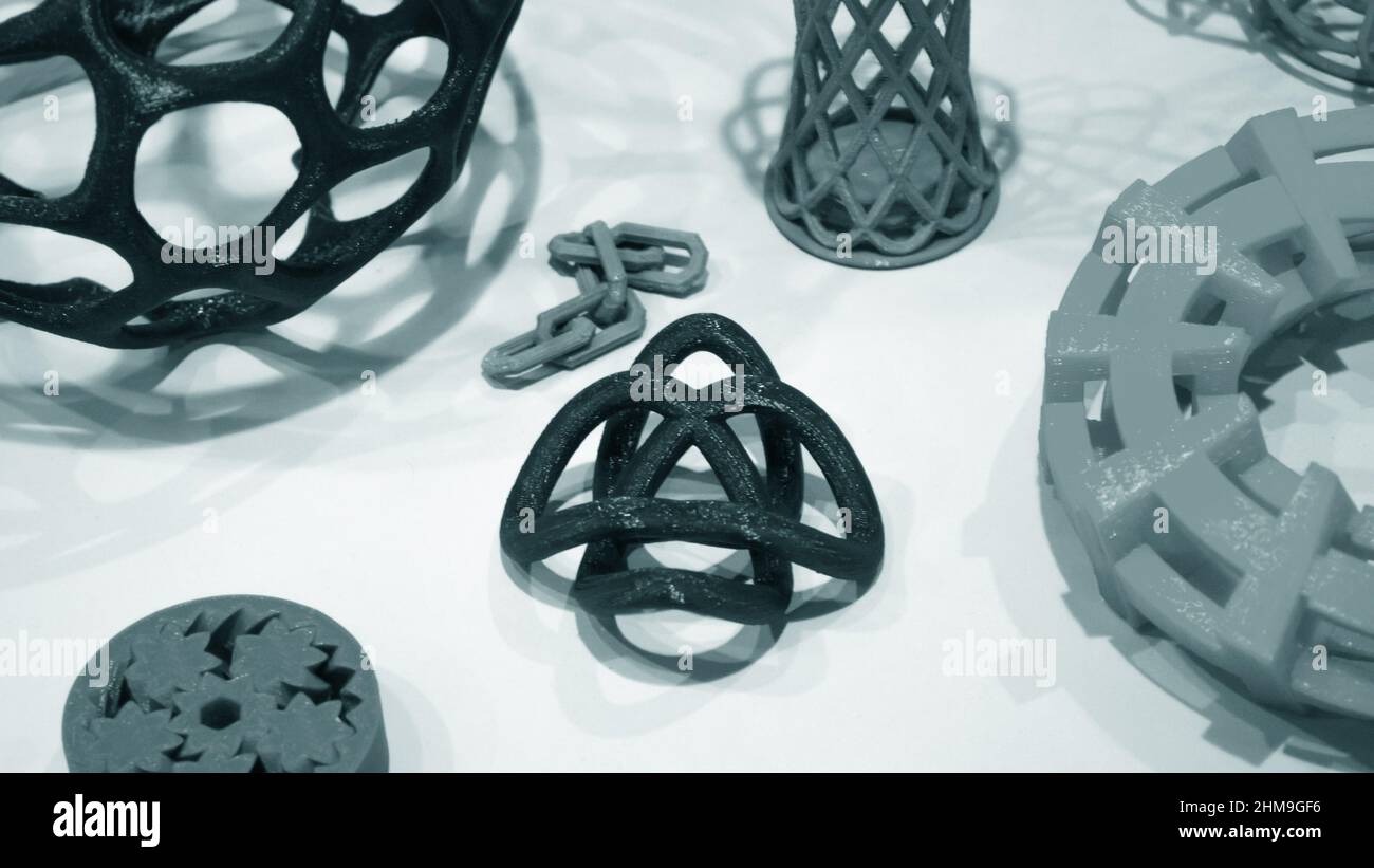 Abstract models printed by 3d printer close-up. Stock Photo