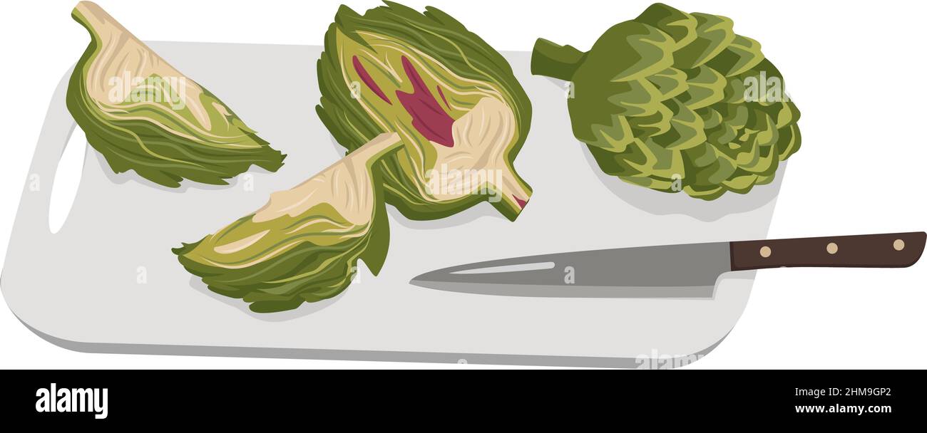 Green artichoke cut into pieces on board and knife. Whole and partial healthy vegetables and leaves, harvesting. Delicious food for salad and cooking. Vector flat illustration Stock Vector