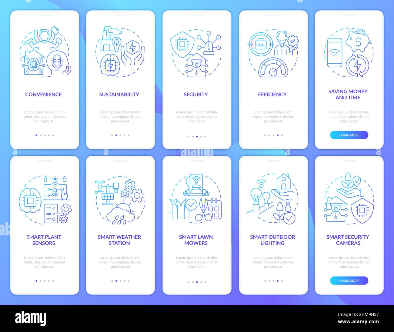 Technological innovations blue gradient onboarding mobile app screen set Stock Vector