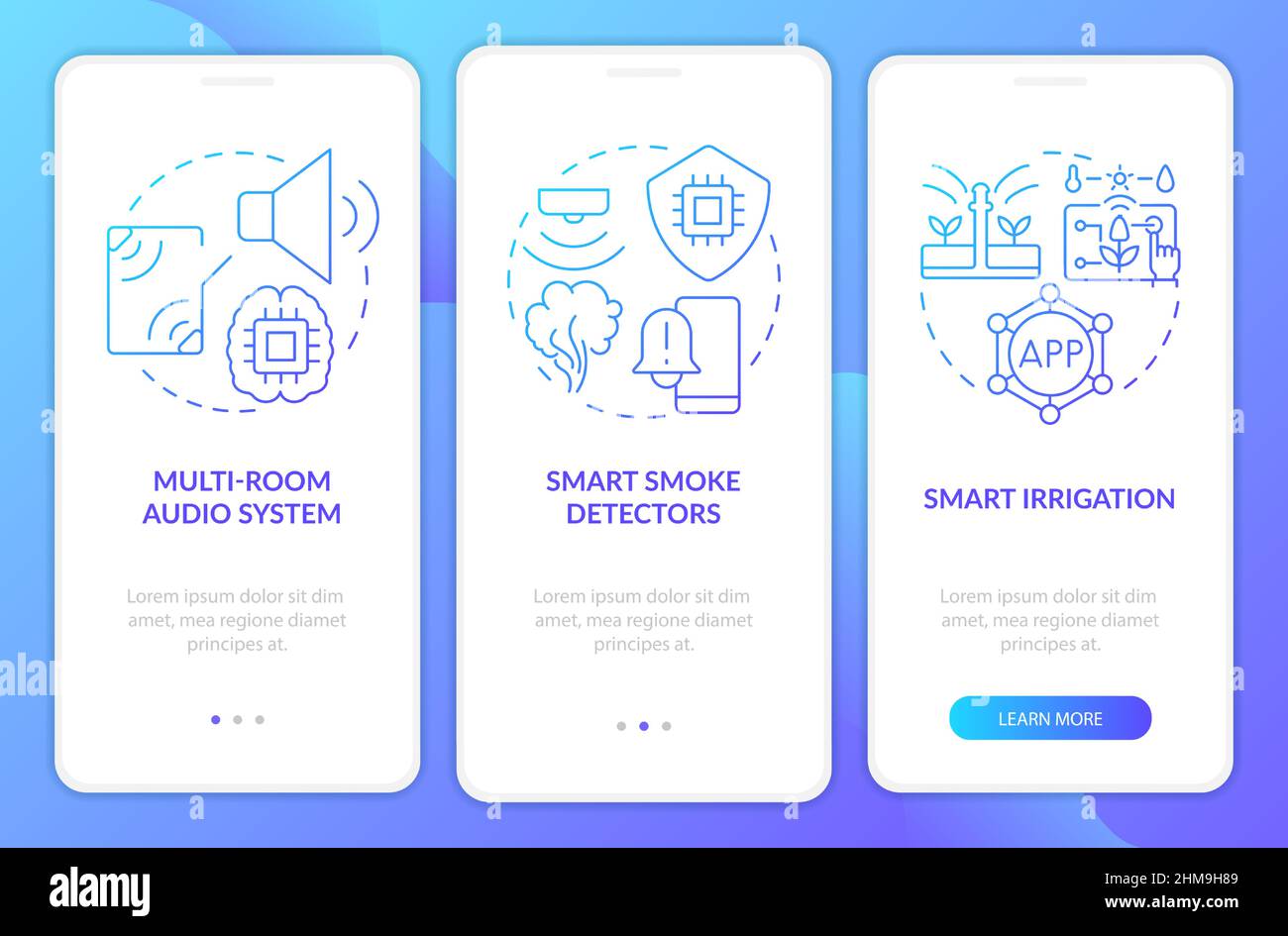 Home automation products blue gradient onboarding mobile app screen Stock Vector