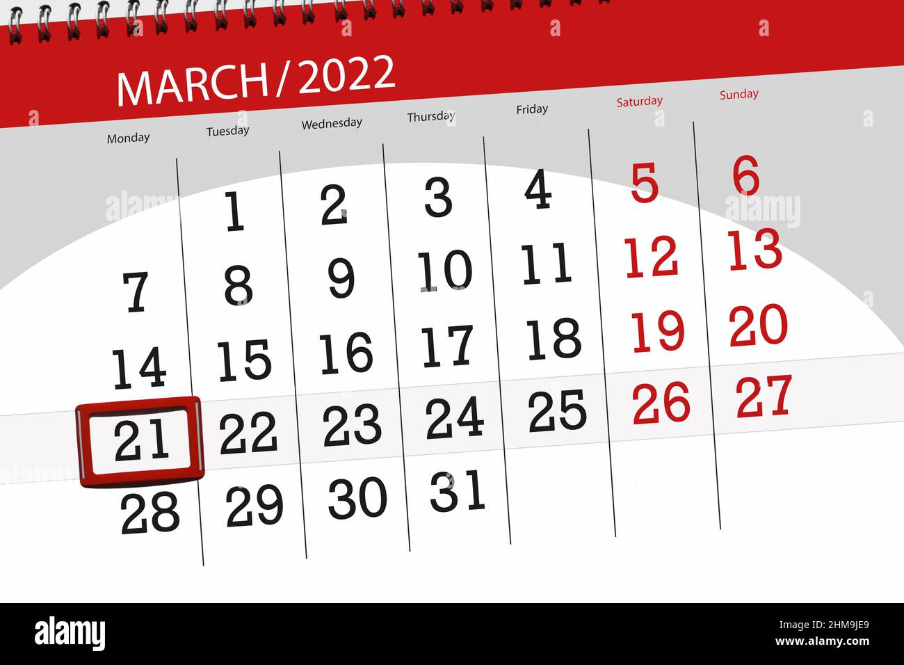 Calendar planner for the month march 2022, deadline day, 21, monday