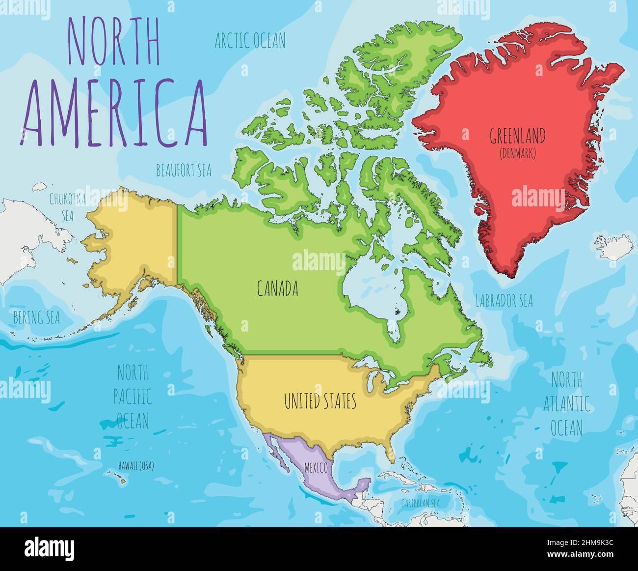 Political North America Map vector illustration with different colors