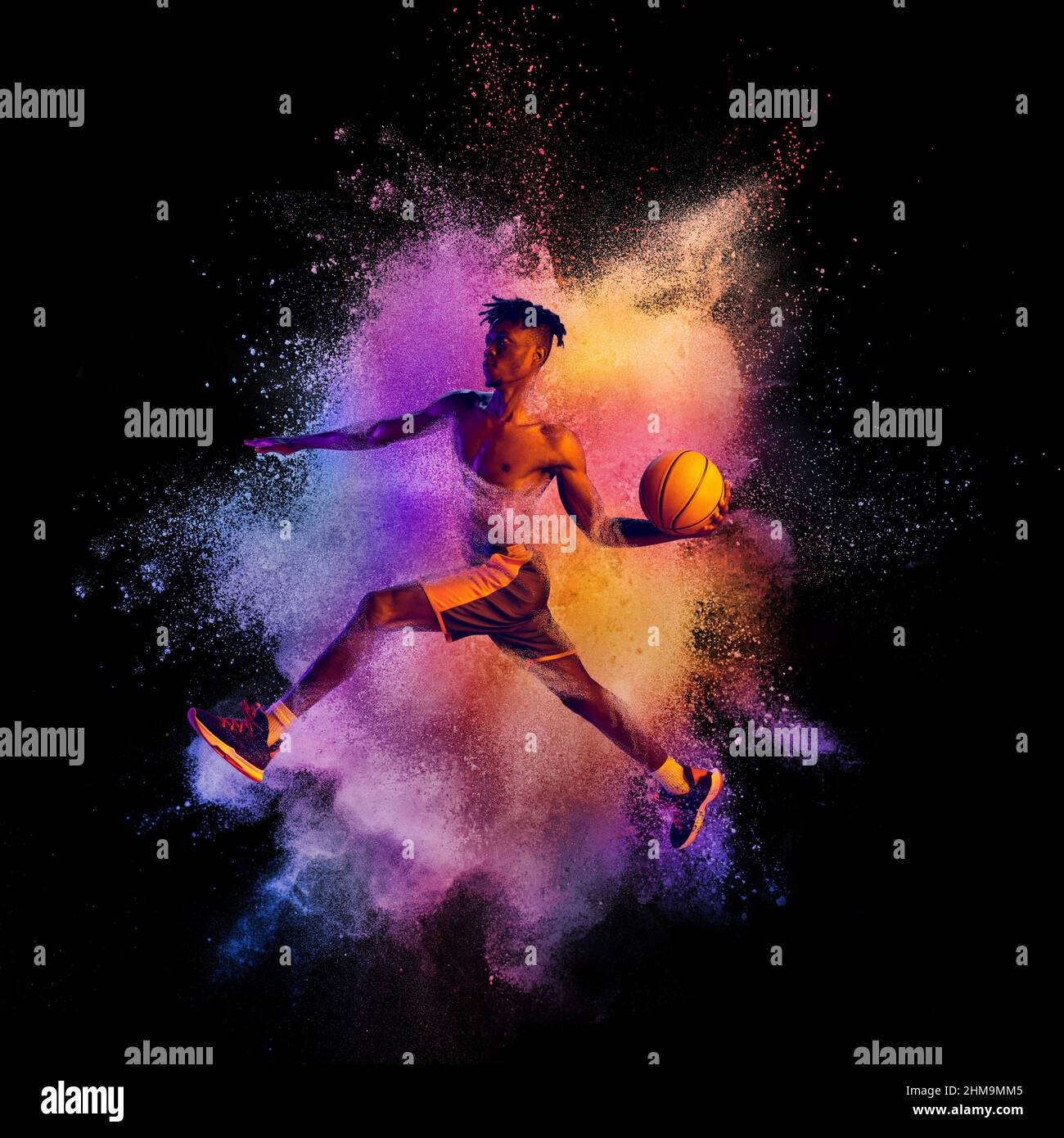 Collage. Portrait of professional basketball player in playing