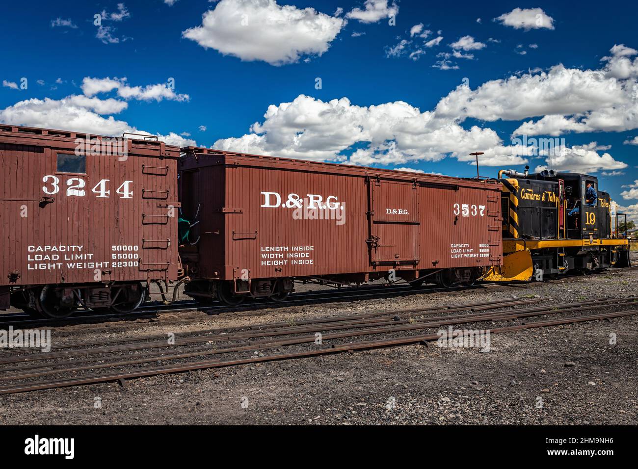 Antonito, CO August 23, 2021 A vintage freight box car is backed out