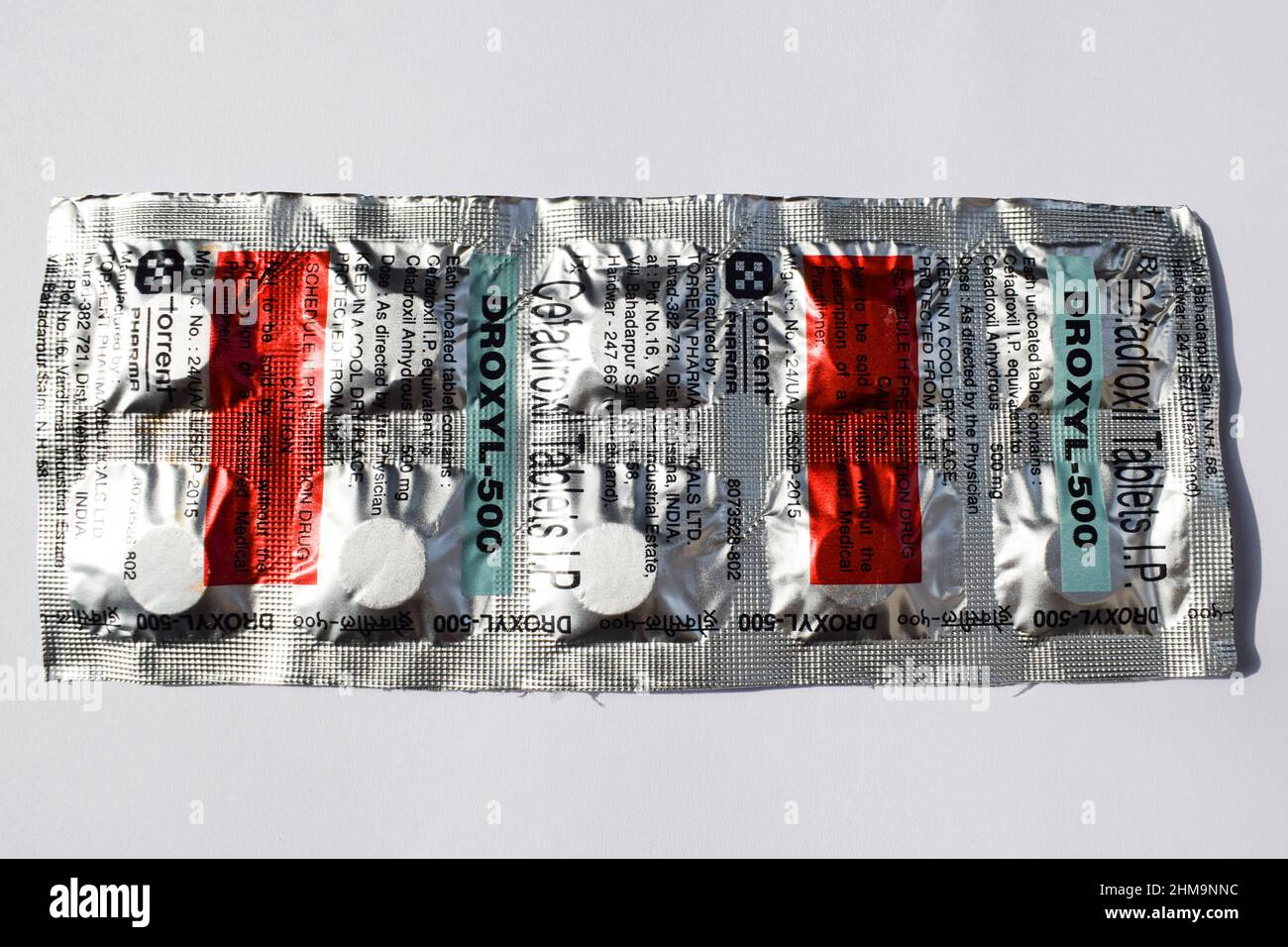 Droxyl 500 mg medicine on white background. Cefadroxil used as Antibiotic for symptoms like sore