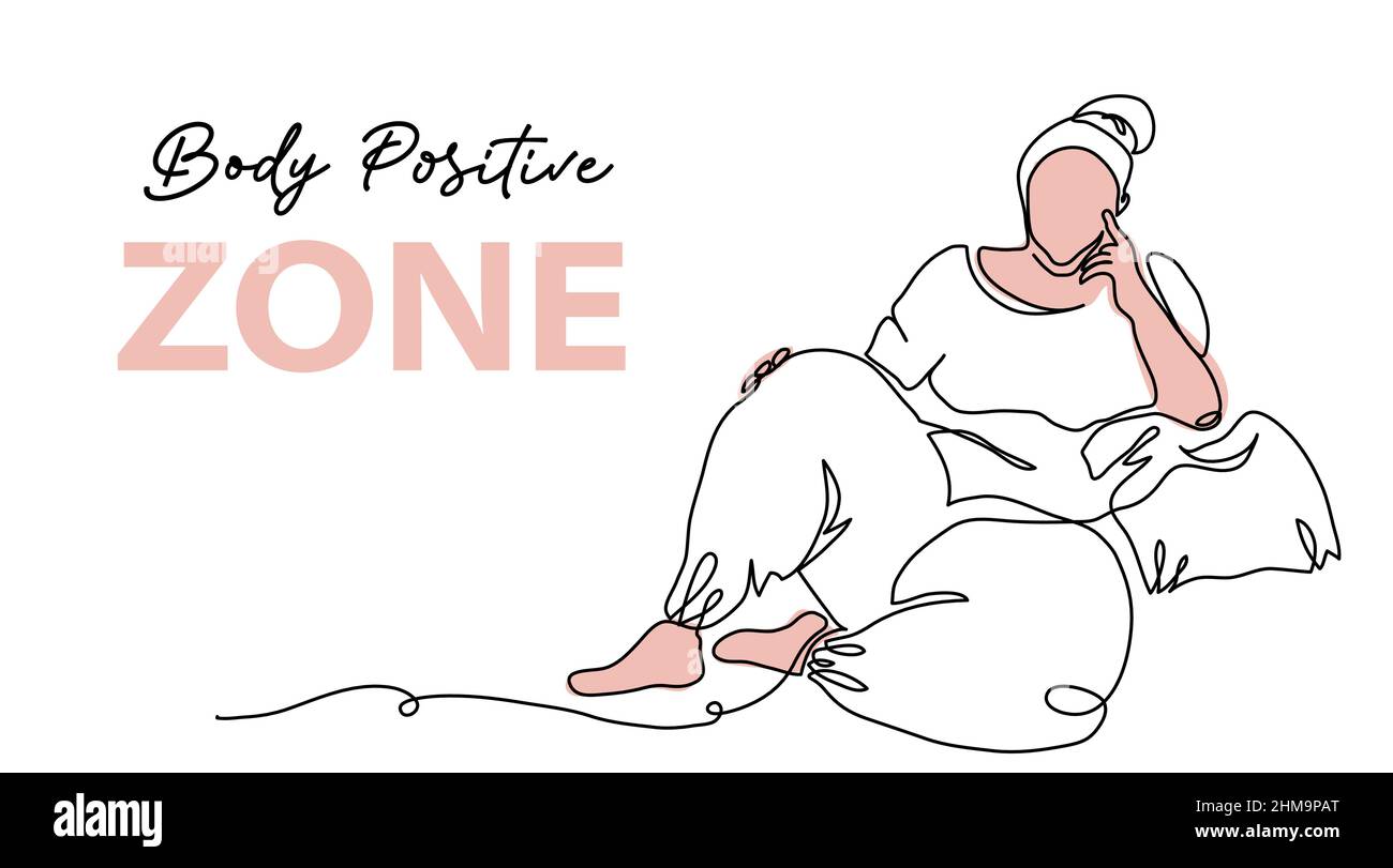 Body positive zone vector poster, banner, background. Plus size woman relax. Support, acceptance concept of fat, obese, plump, chubby people. One Stock Vector