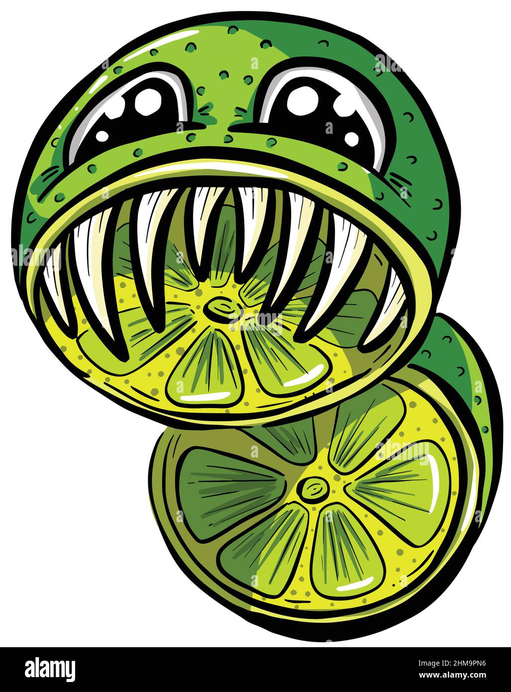Scary Lime Fruit Monster Character with Teeth Logo Design Stock Vector