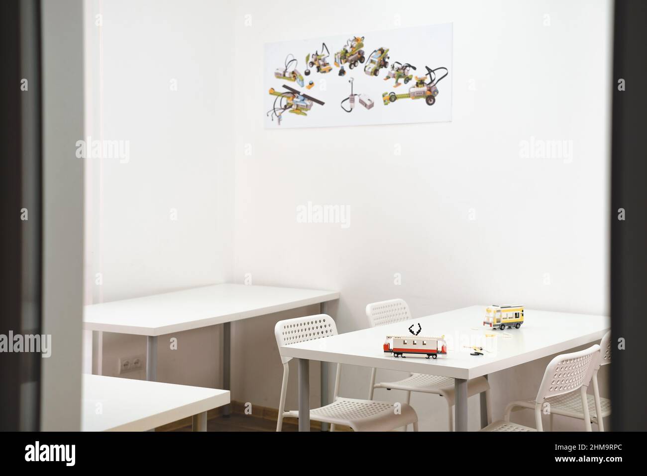 Empty class in school after science lessons. Tables in the room with