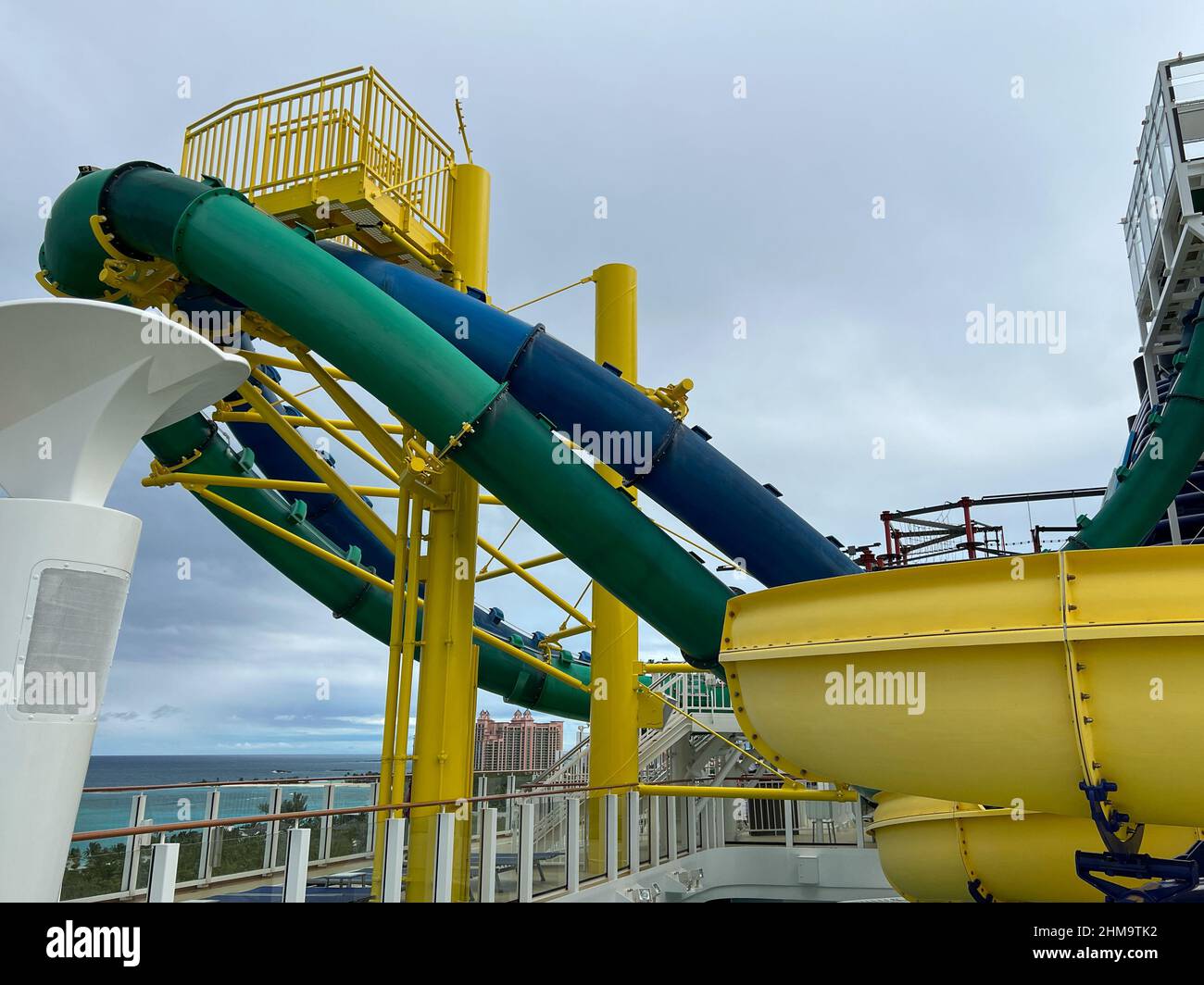 Orlando, FL USAJanuary 8, 2022 The family pool area with water slides on the Norwegian Cruise