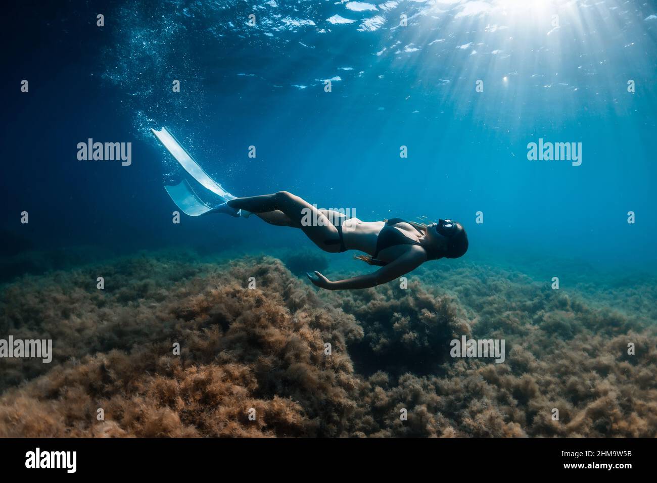 Free diver with white fins posing underwater. Freediving with young
