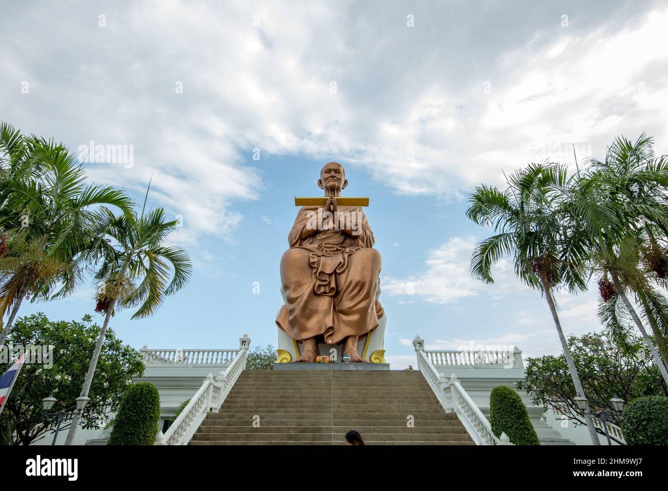 Pathum Thani Thailand - January 22 2022: Big bronze statue of Somdet Budhacariya (Toh Brahmaransi) Landmark of Wat Bot Located in Sam Khok Pathum Than Stock Photo