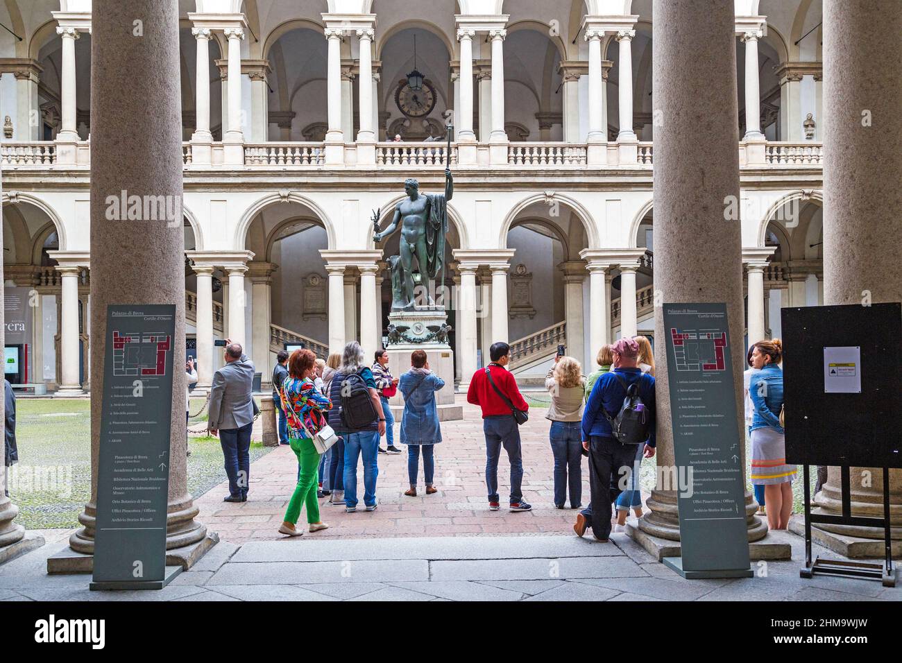 MILAN, ITALY - MAY 15, 2018: These are unidentified tourists in the courtyard of the Pinacoteca Brera. Stock Photo
