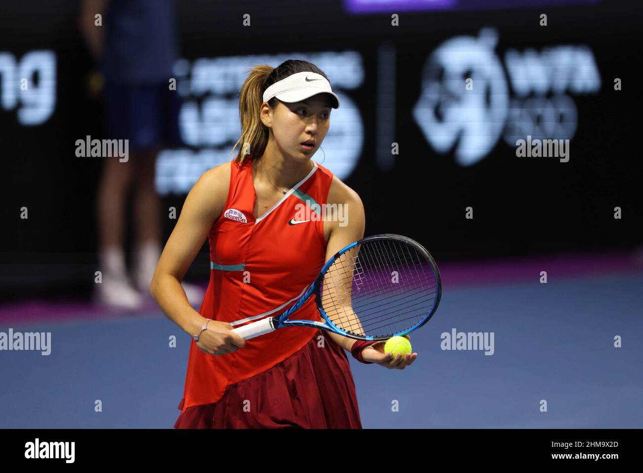 Saint Petersburg, Russia. 08th Feb, 2022. Xinyu Wang of China playing against Jelena Ostapenko of Latvia during the St.Petersburg Ladies Trophy 2022 tennis tournament. Final score: (Jelena Ostapenko 2-0 Xinyu Wang). Credit: SOPA Images Limited/Alamy Live News Stock Photo