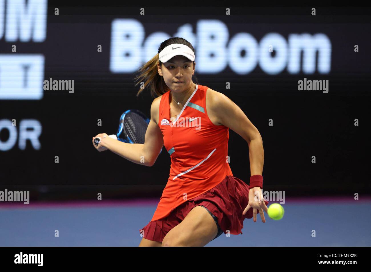 Saint Petersburg, Russia. 08th Feb, 2022. Xinyu Wang of China playing against Jelena Ostapenko of Latvia during the St.Petersburg Ladies Trophy 2022 tennis tournament. Final score: (Jelena Ostapenko 2-0 Xinyu Wang). Credit: SOPA Images Limited/Alamy Live News Stock Photo