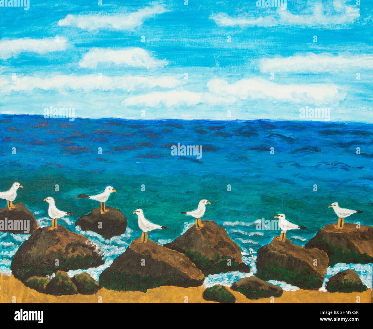 Seascape Seagulls on stones acrylic painting on canvas Stock Photo - Alamy