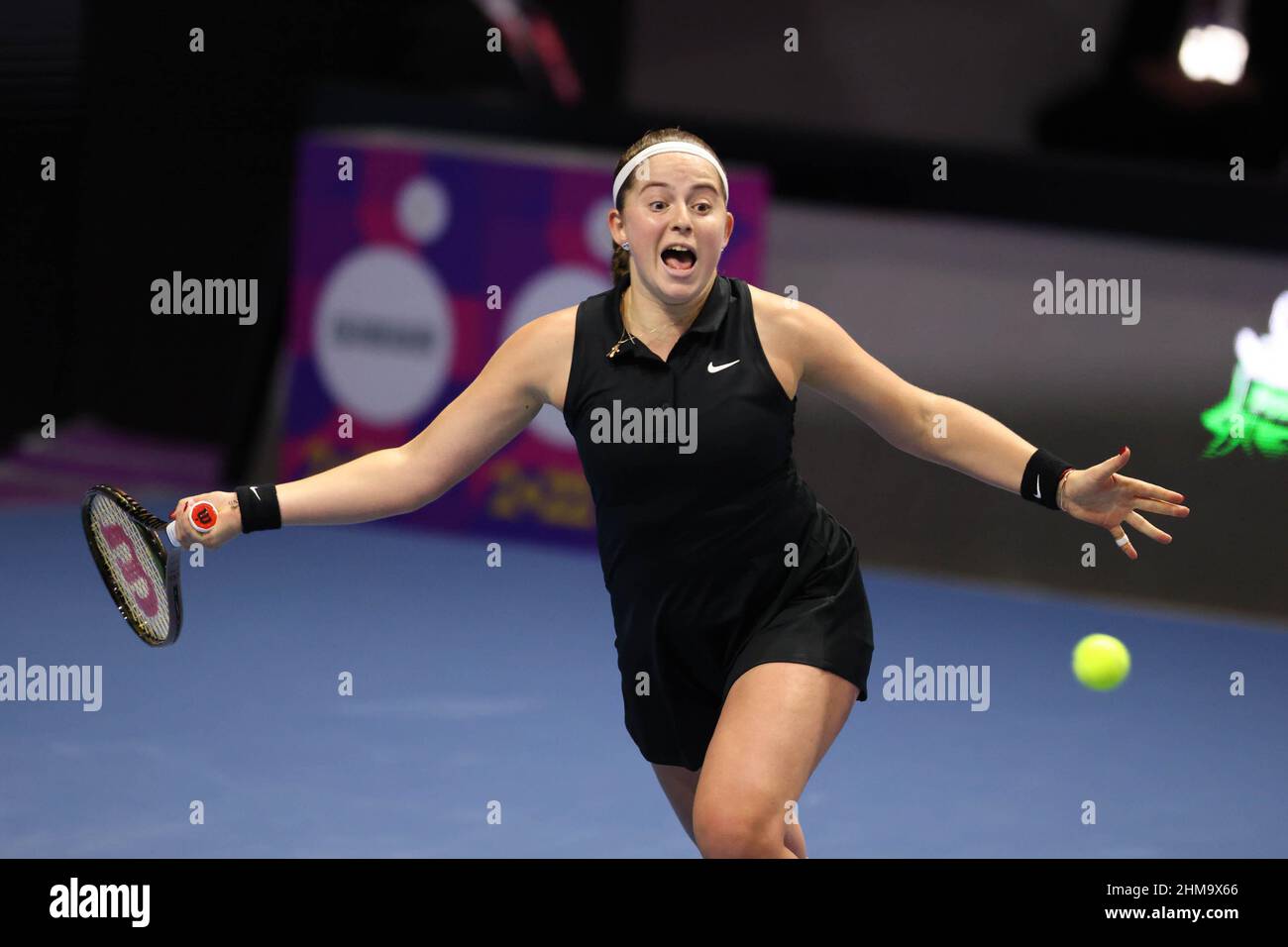 Saint Petersburg, Russia. 08th Feb, 2022. Jelena Ostapenko of Latvia playing against Xinyu Wang of China during the St.Petersburg Ladies Trophy 2022 tennis tournament. Final score: (Jelena Ostapenko 2-0 Xinyu Wang). Credit: SOPA Images Limited/Alamy Live News Stock Photo
