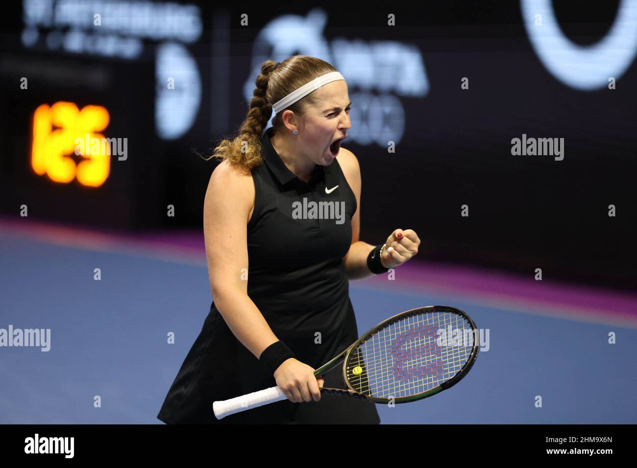 Saint Petersburg, Russia. 08th Feb, 2022. Jelena Ostapenko of Latvia playing against Xinyu Wang of China during the St.Petersburg Ladies Trophy 2022 tennis tournament. Final score: (Jelena Ostapenko 2-0 Xinyu Wang). Credit: SOPA Images Limited/Alamy Live News Stock Photo