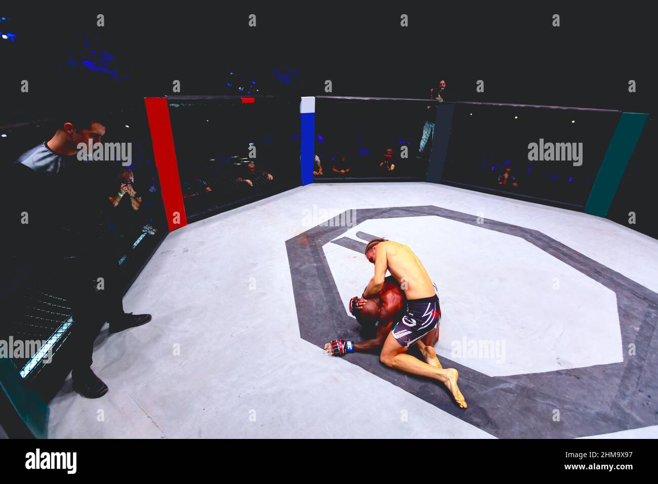 Shot from above on two strong muscular professional MMA fighters
