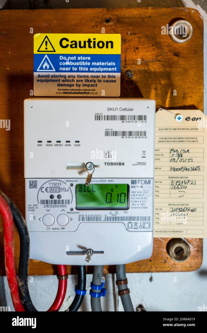 Electric smart meter close up on a household electric board Stock Photo