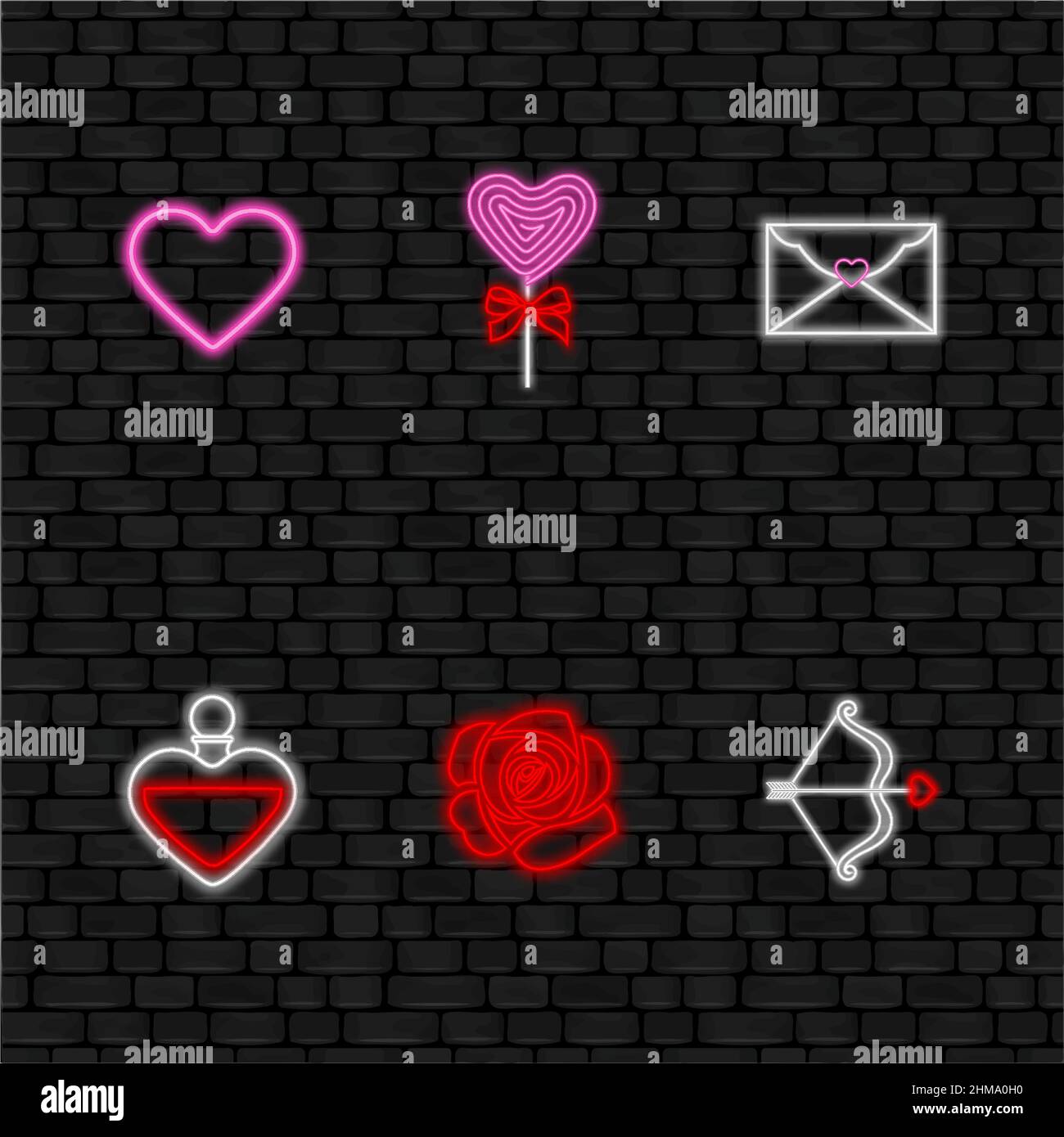 set of valentine's day neon elements on black wall background Stock ...