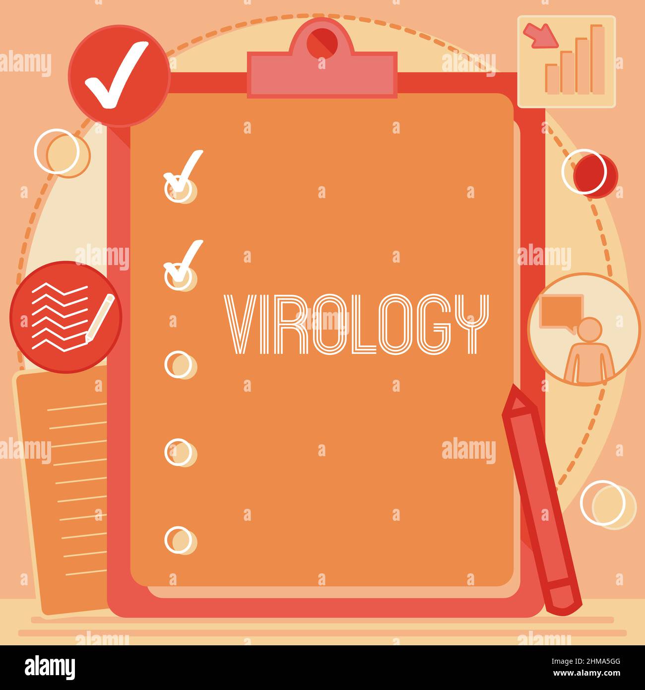 Text sign showing Virology. Business overview Virology Clipboard Drawing With Checklist Marked Done Items On List. Stock Photo