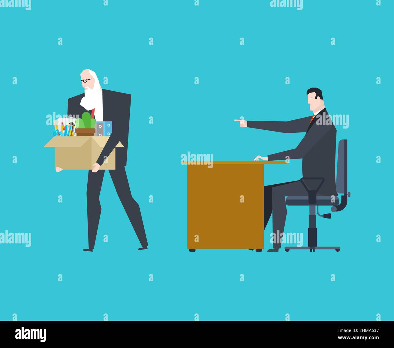 Ageism Age discrimination. The boss fires the grandfather. Fire the old man. Dismissal of a pensioner concept Stock Vector