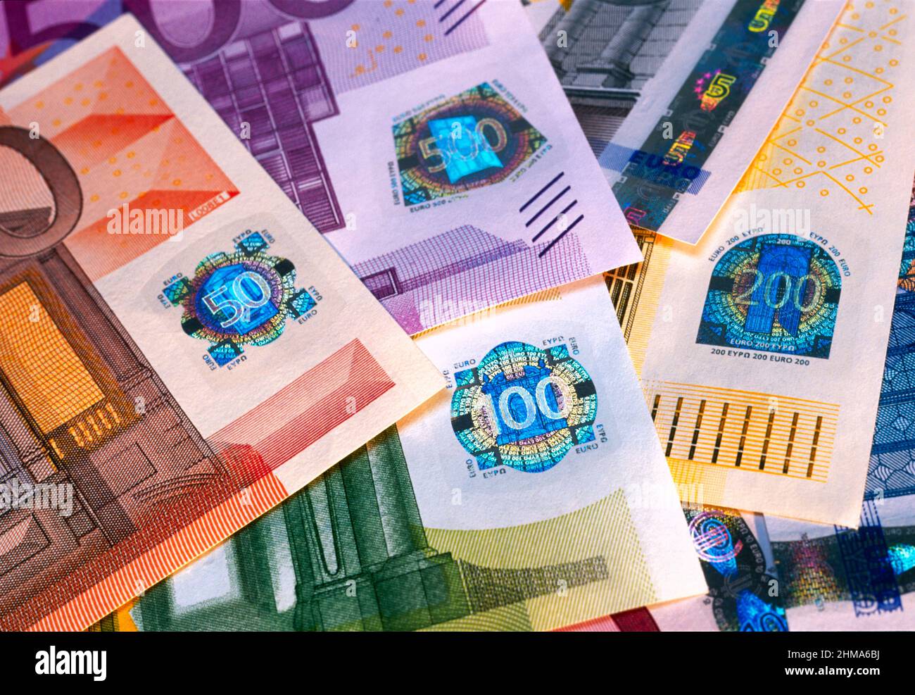 Euro notes, showing security holograms, Stock Photo