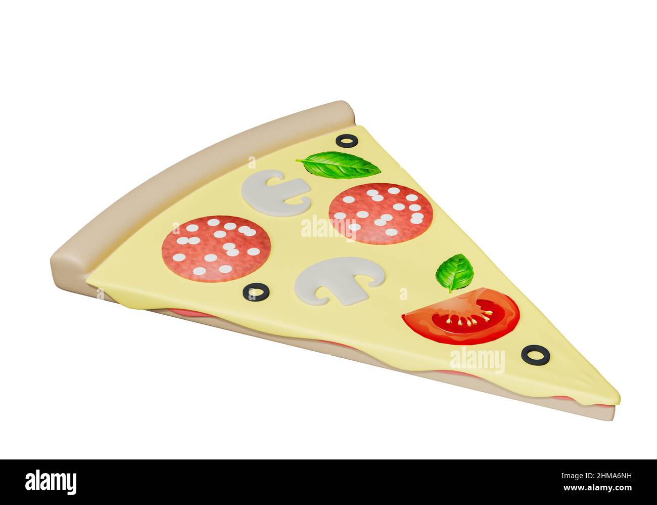 Slice of pizza with pepperoni sausage - 3d rendering isolated on white background Stock Photo
