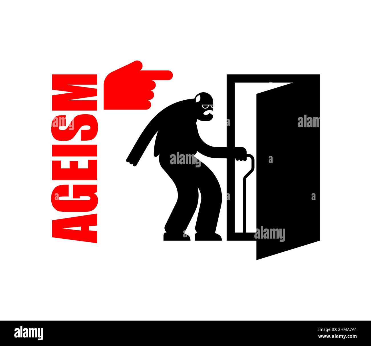 Ageism icon. Dismissal of pensioner. old man goes out door. Age
