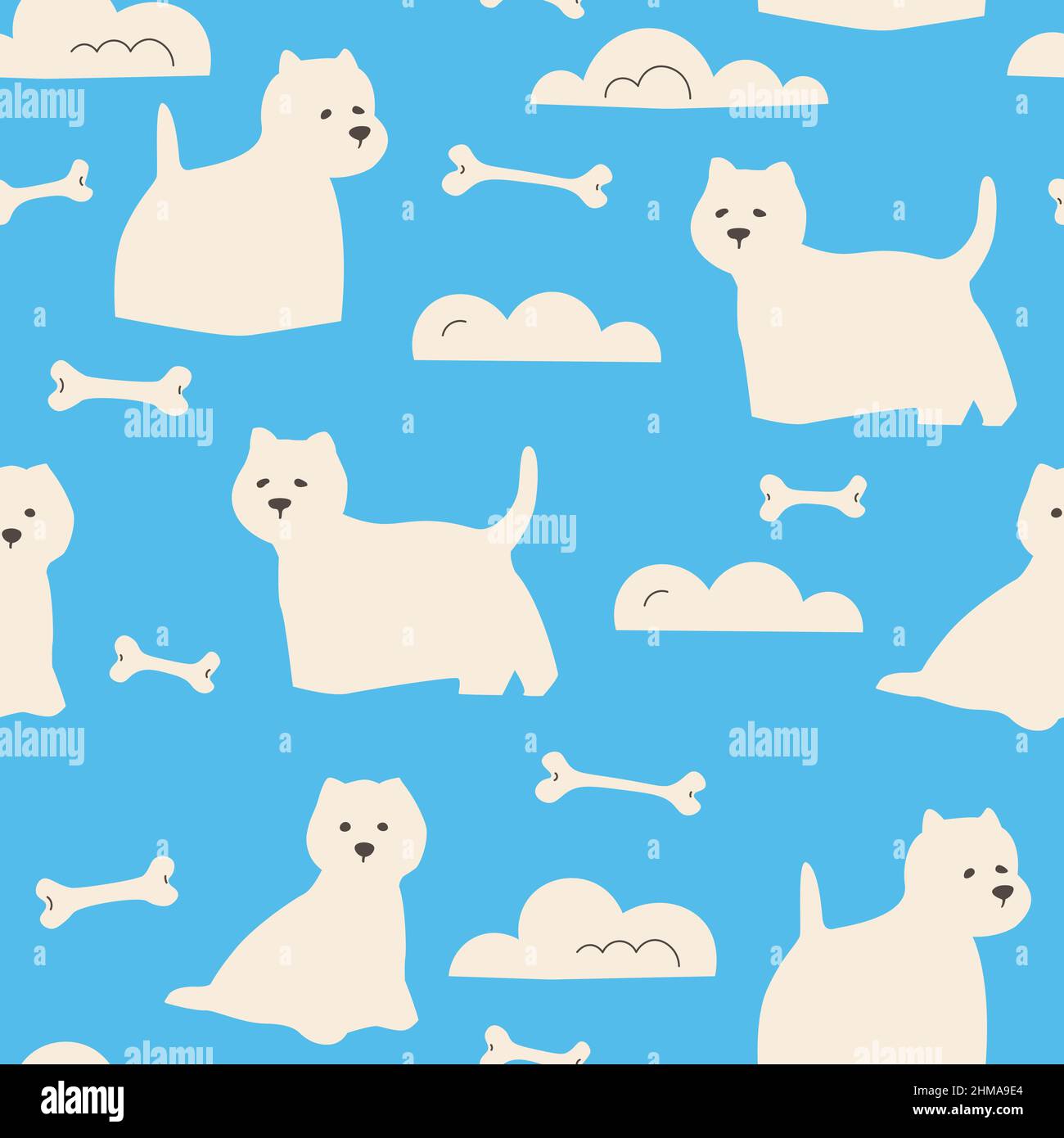 Vector seamless pattern with West Highland White Terrier on a blue background. Dogs, clouds and bones. Cute cartoon drawing of a pet. Stock Vector