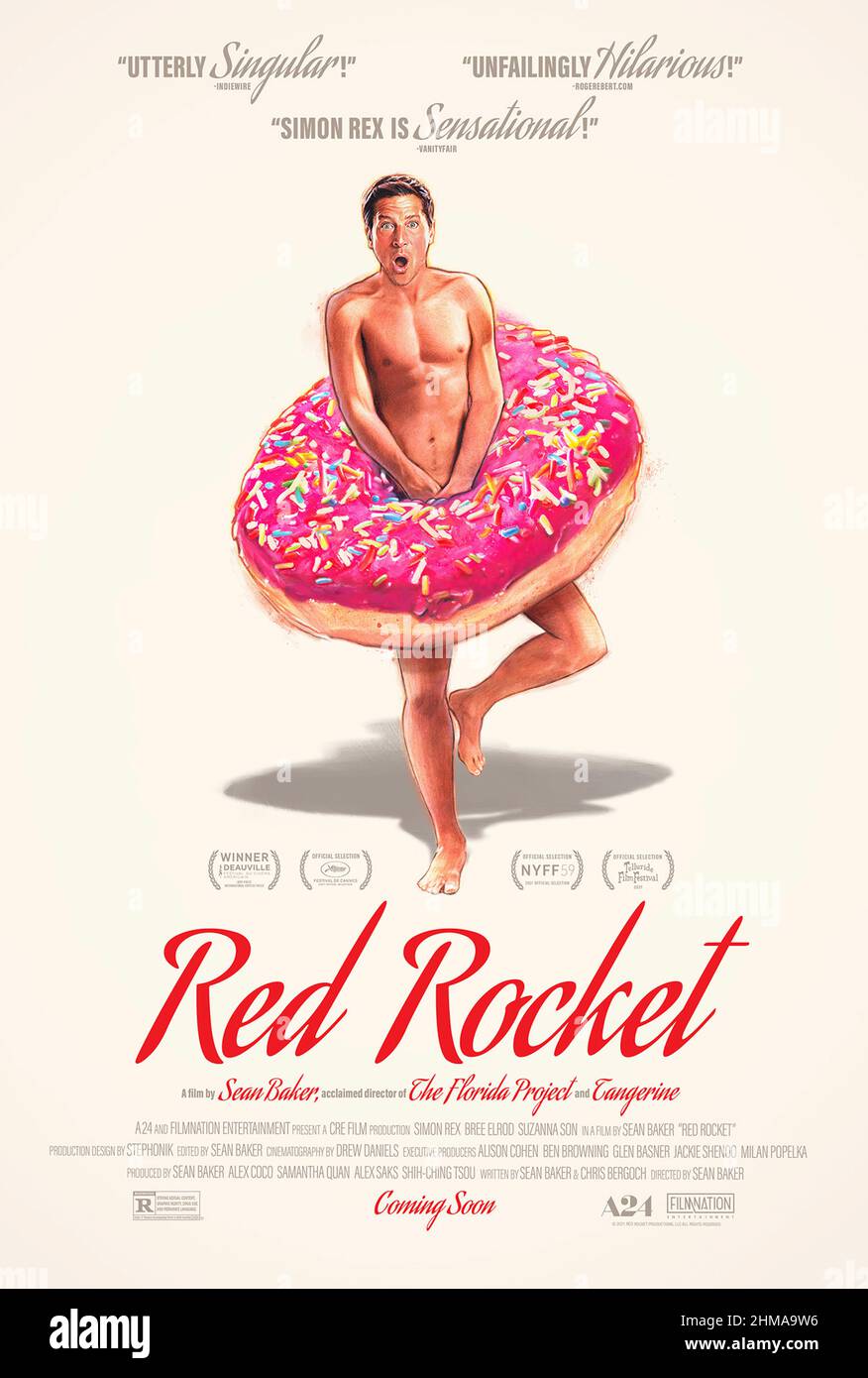 Red Rocket (2021) directed by Sean Baker and starring Simon Rex, Bree Elrod and Suzanna Son. Mikey Saber is a washed-up porn star who returns to his small Texas hometown, not that anyone really wants him back. Stock Photo