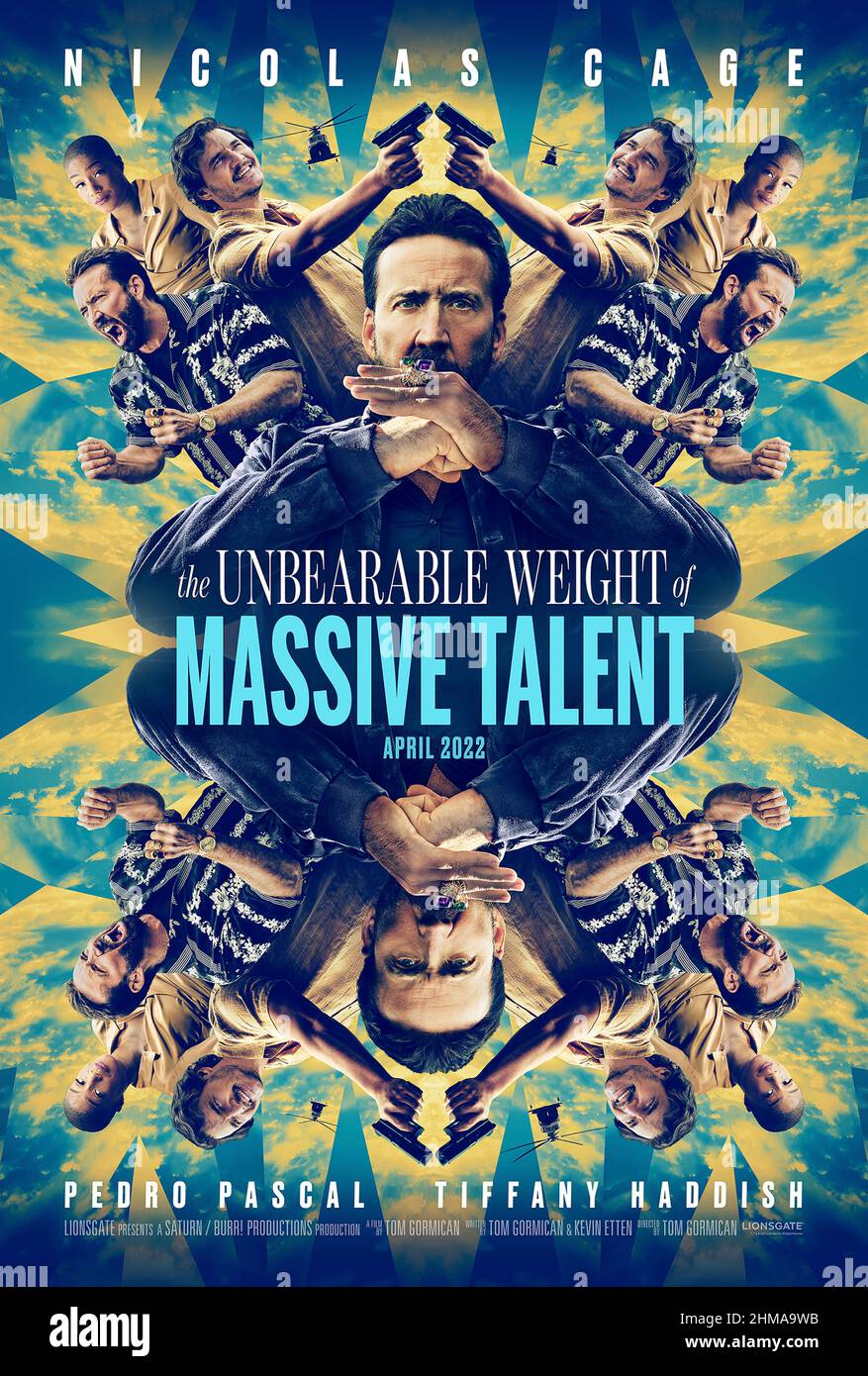 The Unbearable Weight of Massive Talent (2022) directed by Tom Gormican and starring Nicolas Cage, Pedro Pascal and Ike Barinholtz. A cash-strapped Nicolas Cage agrees to make a paid appearance at a billionaire super fan's birthday party, but is really an informant for the CIA since the billionaire fan is a drug kingpin and gets cast in a Tarantino movie. Stock Photo
