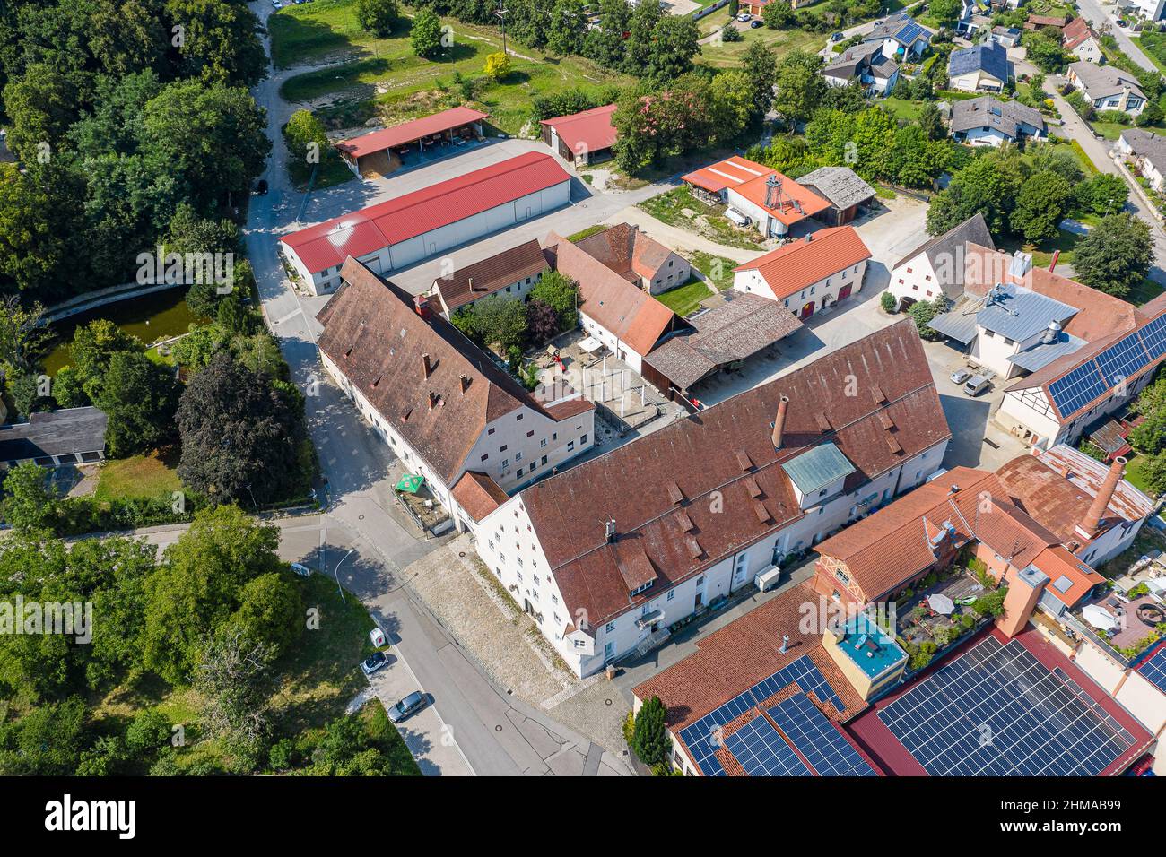 Luftbild Beilngries im Naturpark Altmühltal, Bayern, Deutschland, mit dem ehemaligen Brauereigelände, heute Gastro-, Freizeit- und Ladenkomplex Stock Photo