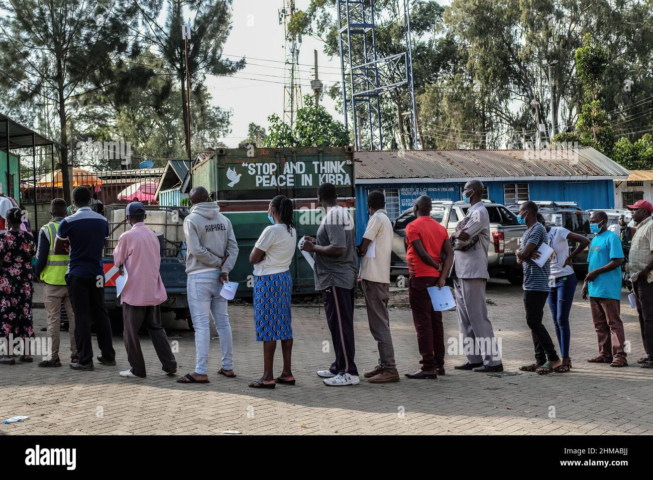 Nairobi, Kenya. 06th Feb, 2022. Voter are seen in queue waiting to be registered during the last day of mass voters registration in Kibera Slums. Due to lack of ID cards to mostly the young youths and new voters who were not able to register, the Independent Electoral and Boundaries Commission of Kenya (IEBC) on its second National enhanced Continuous Voter Registration (ECVR) has registered a total of 1, 031,645 voters during the enhanced continuous listing exercise that ended on 16th Feb 2022. (Photo by Donwilson Odhiambo/SOPA Images/Sipa USA) Credit: Sipa USA/Alamy Live News Stock Photo