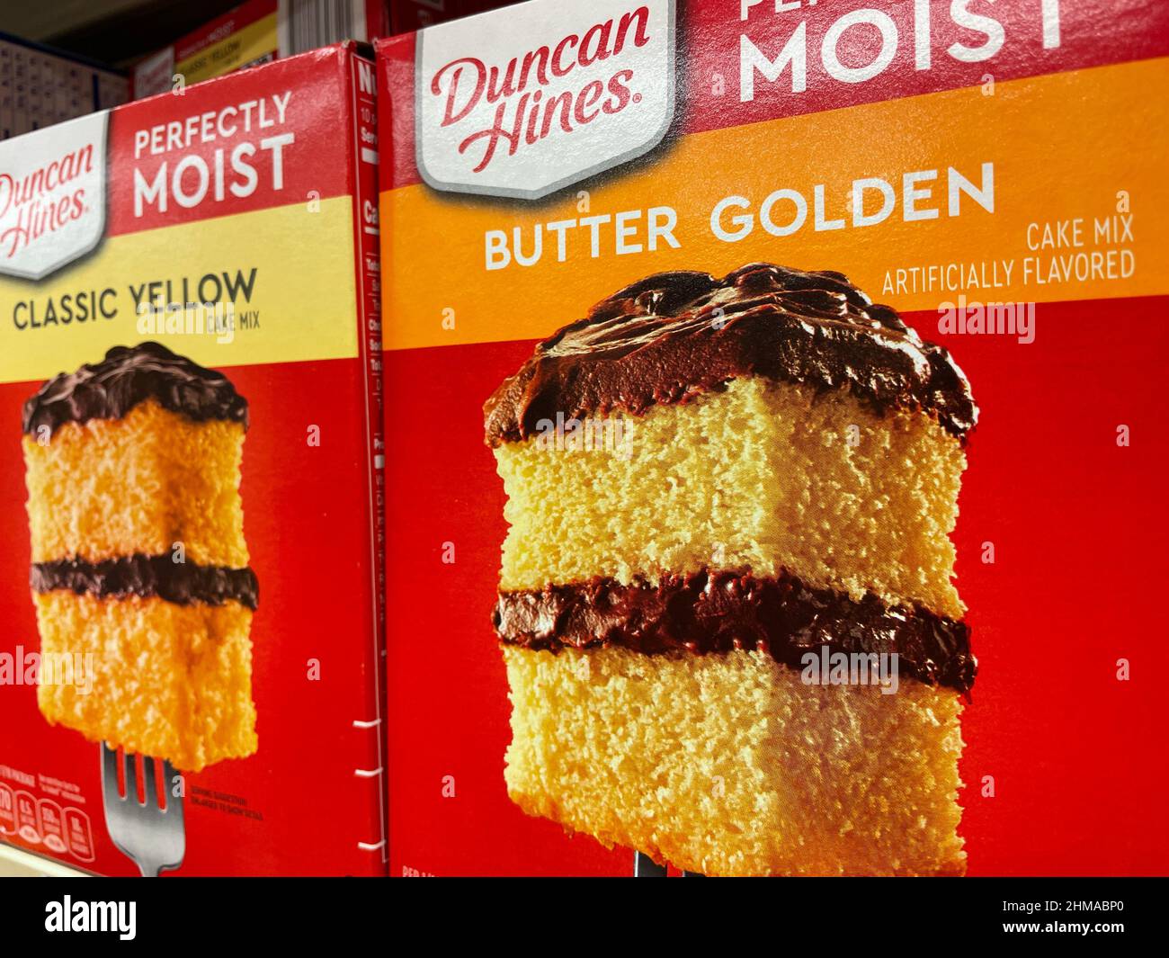 Grovetown, Ga USA 01 01 22 Cake mixes on a retail store shelf side