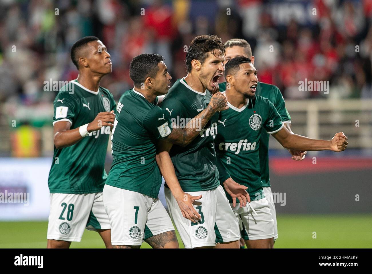 Sao Paulo, Brazil. 03rd Apr, 2022. SP - Sao Paulo - 03/04/2022 - PAULISTA  2022 FINAL, PALMEIRAS X SAO PAULO - Raphael Veiga jogador do Palmeiras  comemora seu gol com Dudu jogador