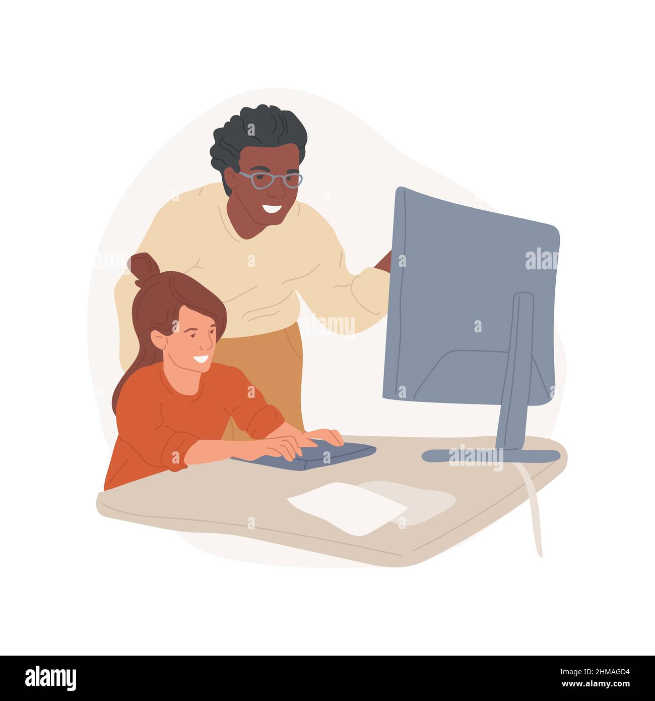 Computer science tutor isolated cartoon vector illustration. Computer literacy class, science and tech one-on-one tutoring, make hardware project with tutor, learn software cartoon vector. Stock Vector