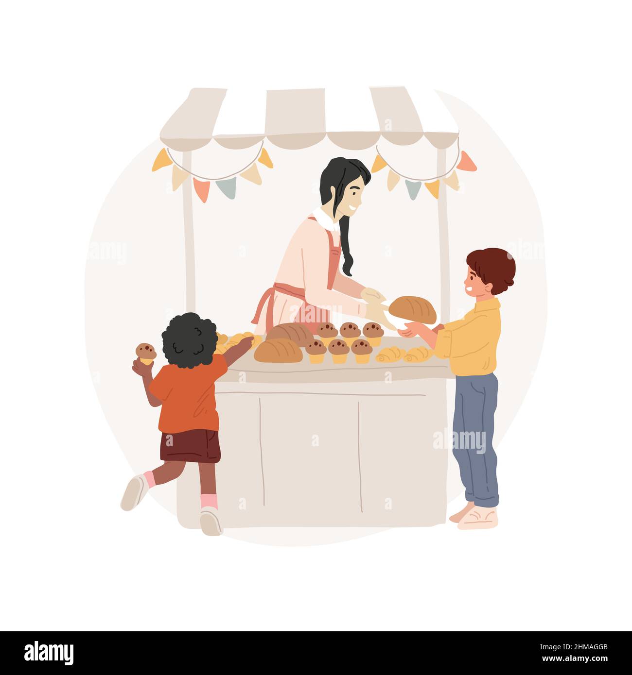 Cake stall isolated cartoon vector illustration. Woman selling cupcakes and muffins, homemade cake stall, sweets, school festival activity, price labels, fair food market cartoon vector. Stock Vector