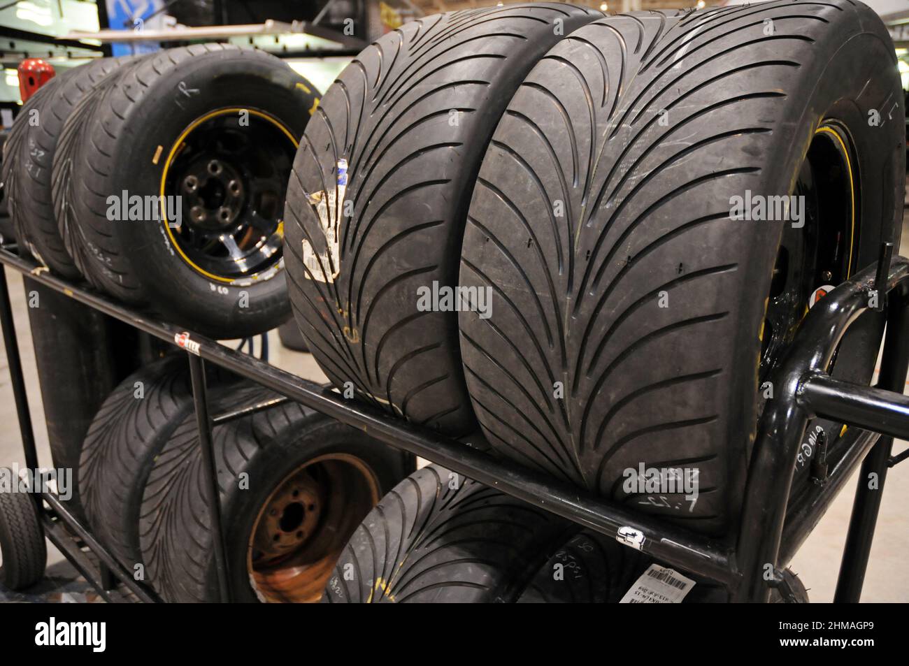 Race car tires in the workshop Stock Photo