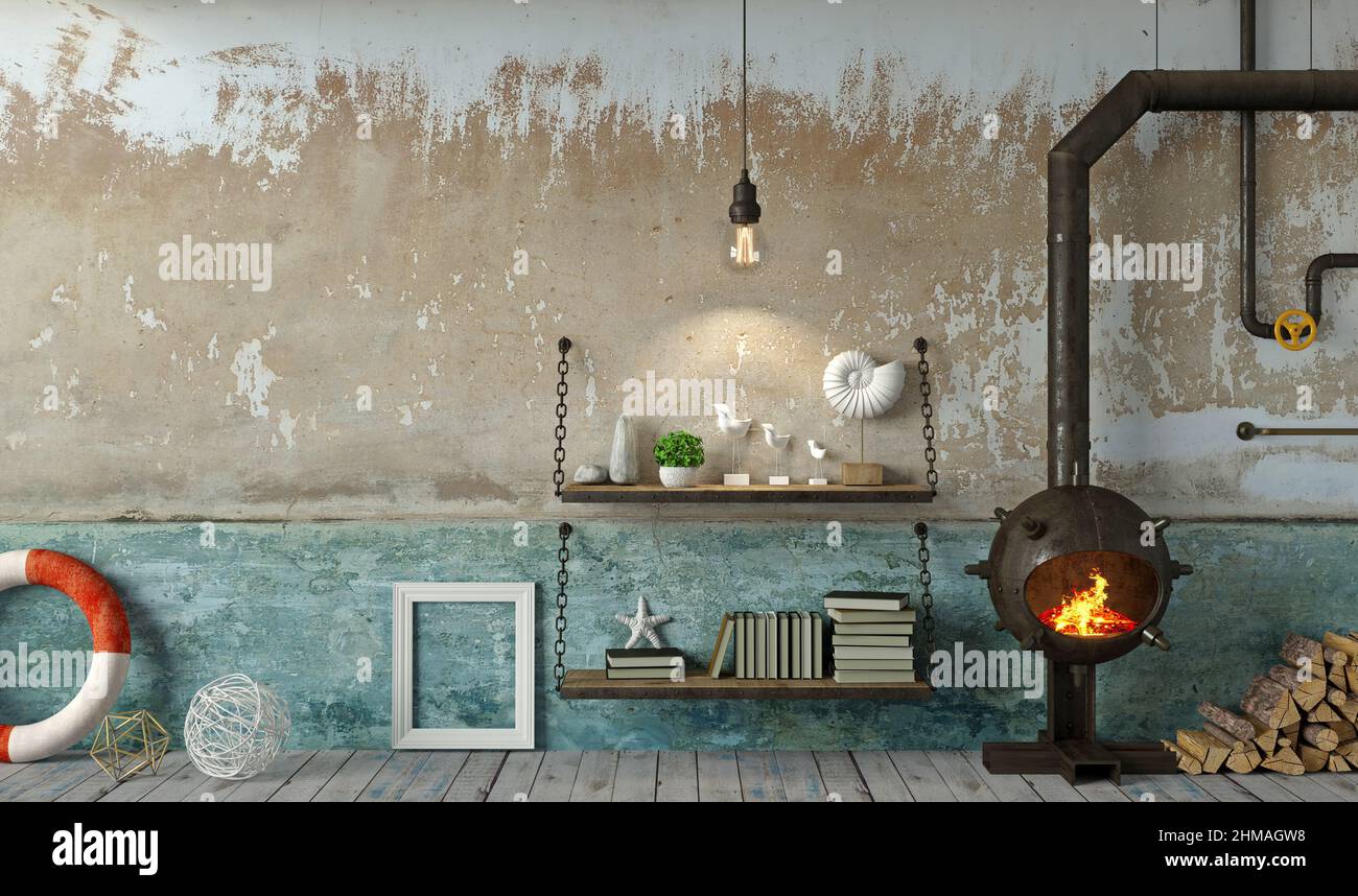 Creative interior lighthouse loft with a fireplace from a sea mine ...