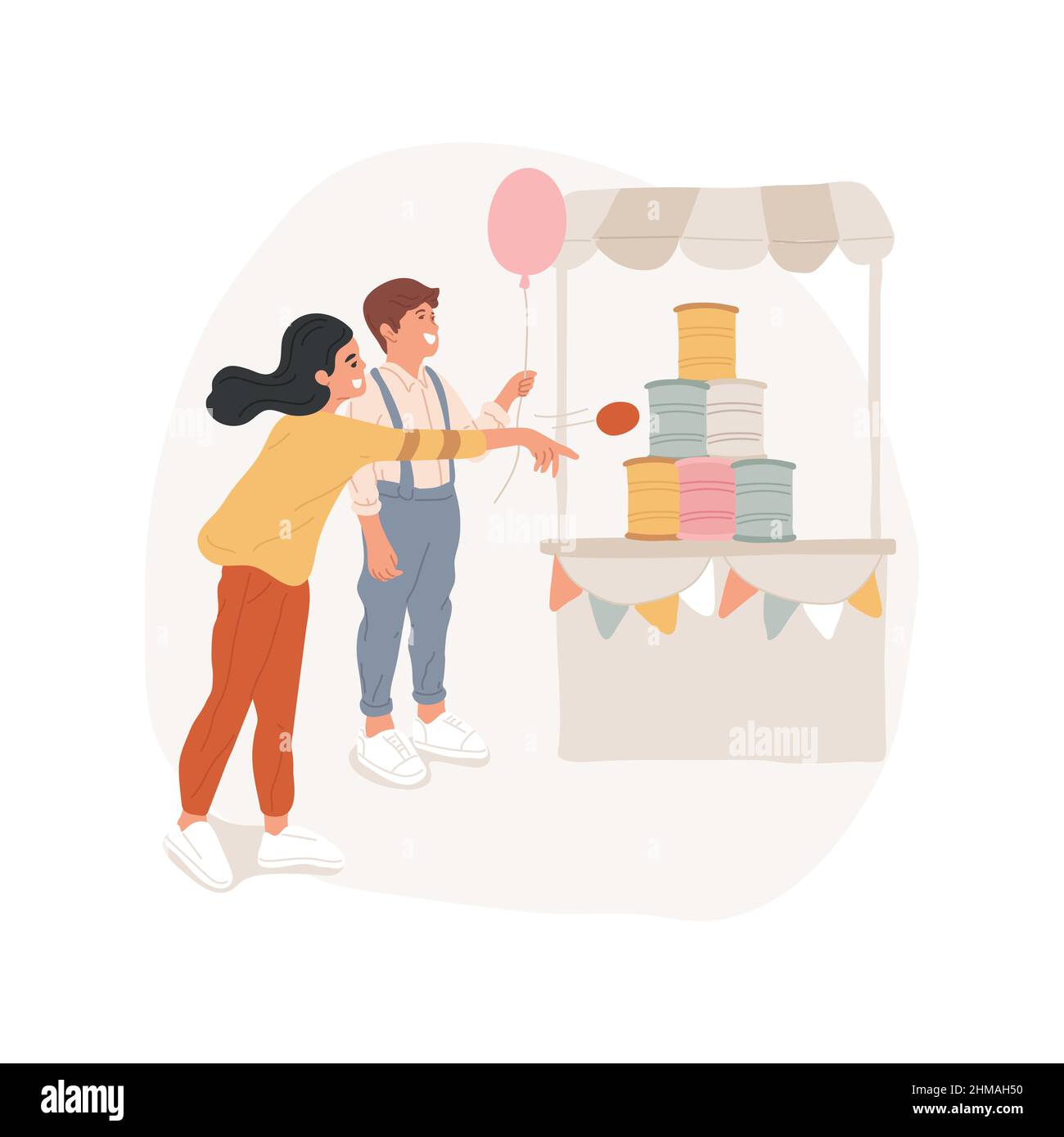 Knock down game isolated cartoon vector illustration. Cans tower, child