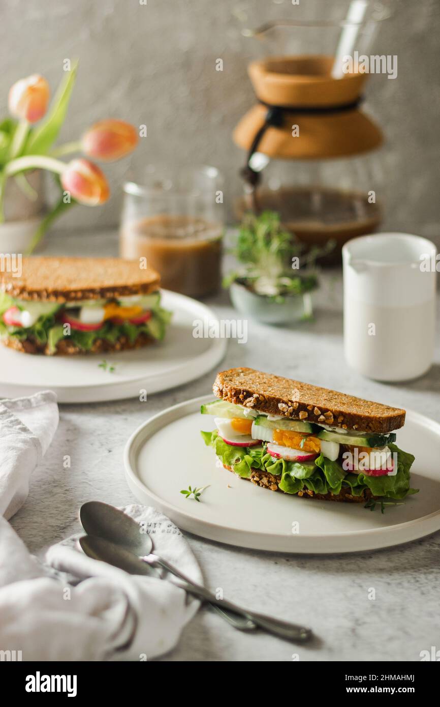Healthy, natural spring breakfast or brunch. Serving of sandwiches with ...