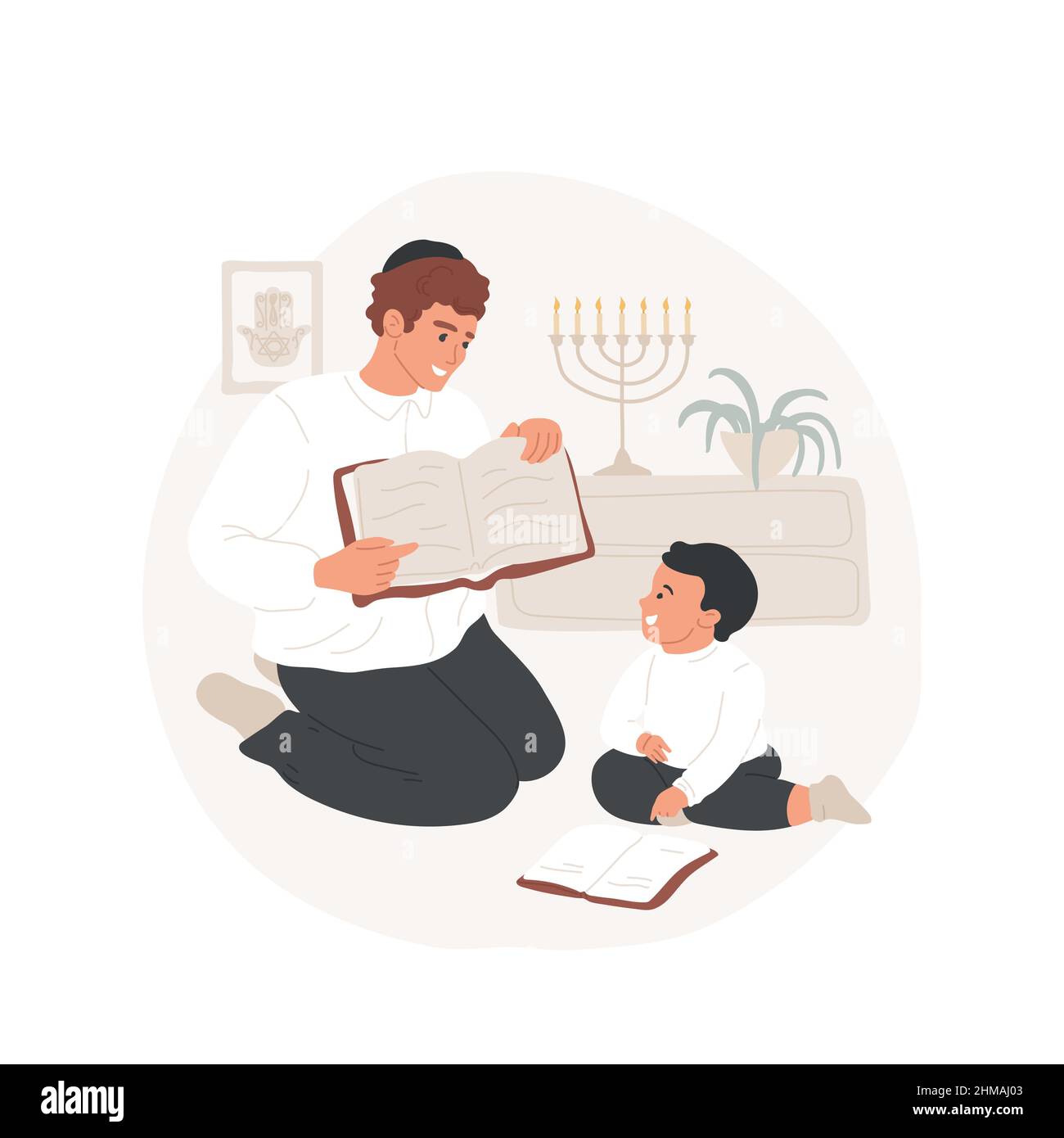 Teaching Torah at home abstract concept vector illustration. Father teaching Tohar to his little son, reading holy book together, jewish religion, everyday belief rituals abstract metaphor. Stock Vector