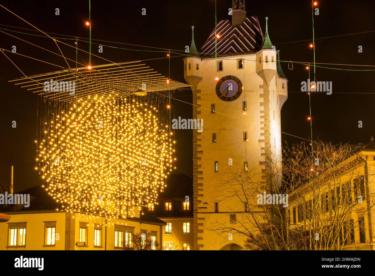 Christmas night in the street with light balls in town center, Baden
