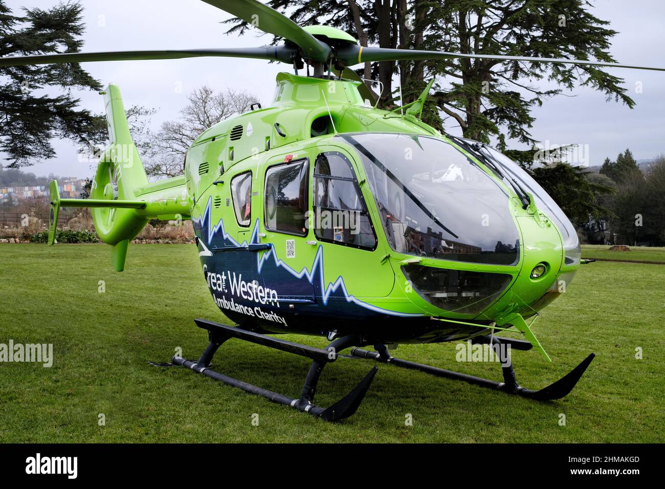 The Great Western Air Ambulance, based in Bristol on the ground at The Ashton Court Estate. The air ambulance is a Airbus eurocopter known as Helimed Stock Photo