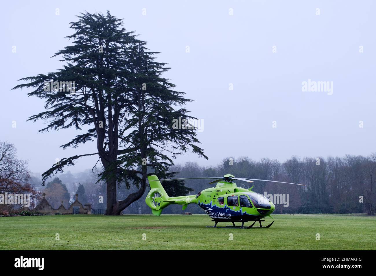 The Great Western Air Ambulance, based in Bristol on the ground at The Ashton Court Estate. The air ambulance is a Airbus eurocopter known as Helimed Stock Photo