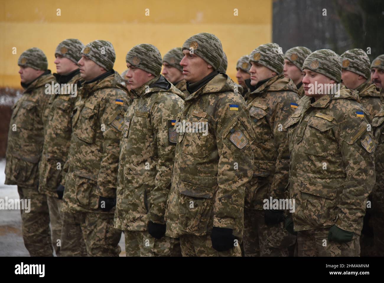 Starychi, Ukraine 2 february 2017. Ukrainian soldiers seen during Opening ceremony of the next stage of training of the Armed Forces units under the program 'Joint Multinational Training Group - Ukraine' (JMTG-U). Stock Photo