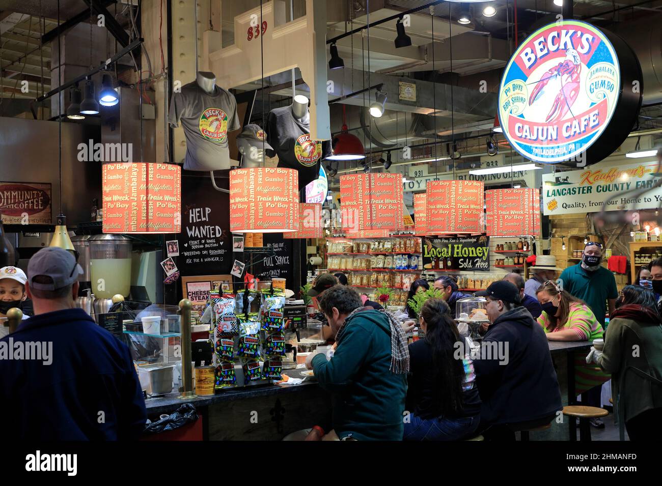 Customers eating at Beck's Cajun Cafe in Reading Terminal Market