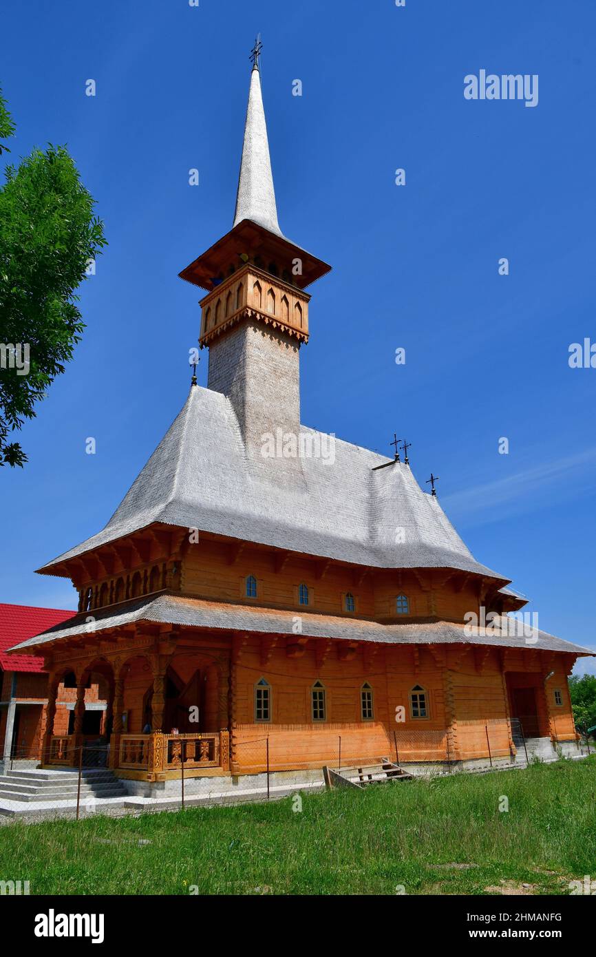 Wooden church (Cimitirul Vesel), in Sapanta, Maramures, Romania. A vidám temető Szaploncán. Stock Photo